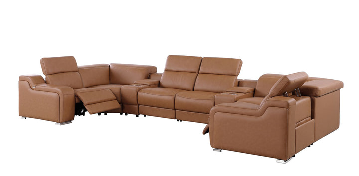 DivanItalia 1116 8-Piece U-Shaped Sectional Sofa in Top Grain Italian Leather with 2 Power Recliners &amp; Power Headrests – with Console - Cognac