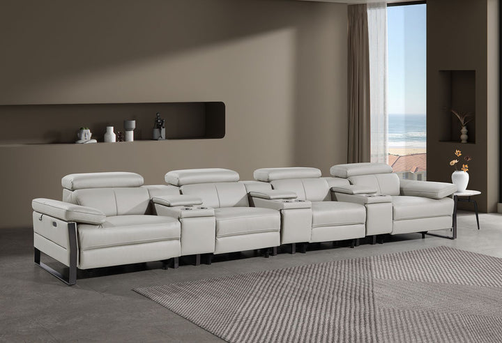 DivanItalia 1246 Modular Power Triple Reclining Triple Console Sofa with Power Reclining Headrests – Top Grain Italian Leather - Light Gray