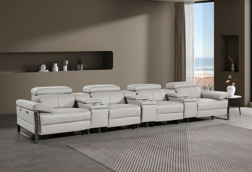 DivanItalia 1246 Modular Power Triple Reclining Triple Console Sofa with Power Reclining Headrests – Top Grain Italian Leather - Light Gray