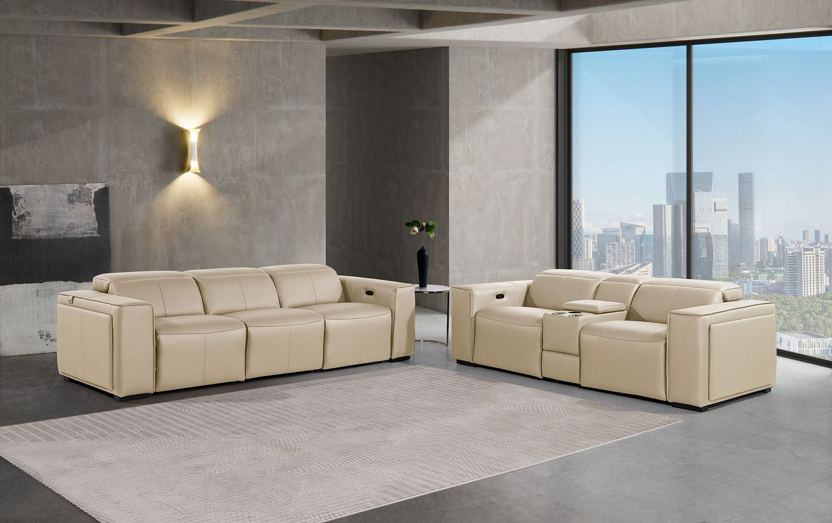 DivanItalia 1224 6-Piece Modular Power Reclining Sofa and Console Loveseat Set in Top Grain Italian Leather with 5 Power Recliners & Power Headrests - Beige