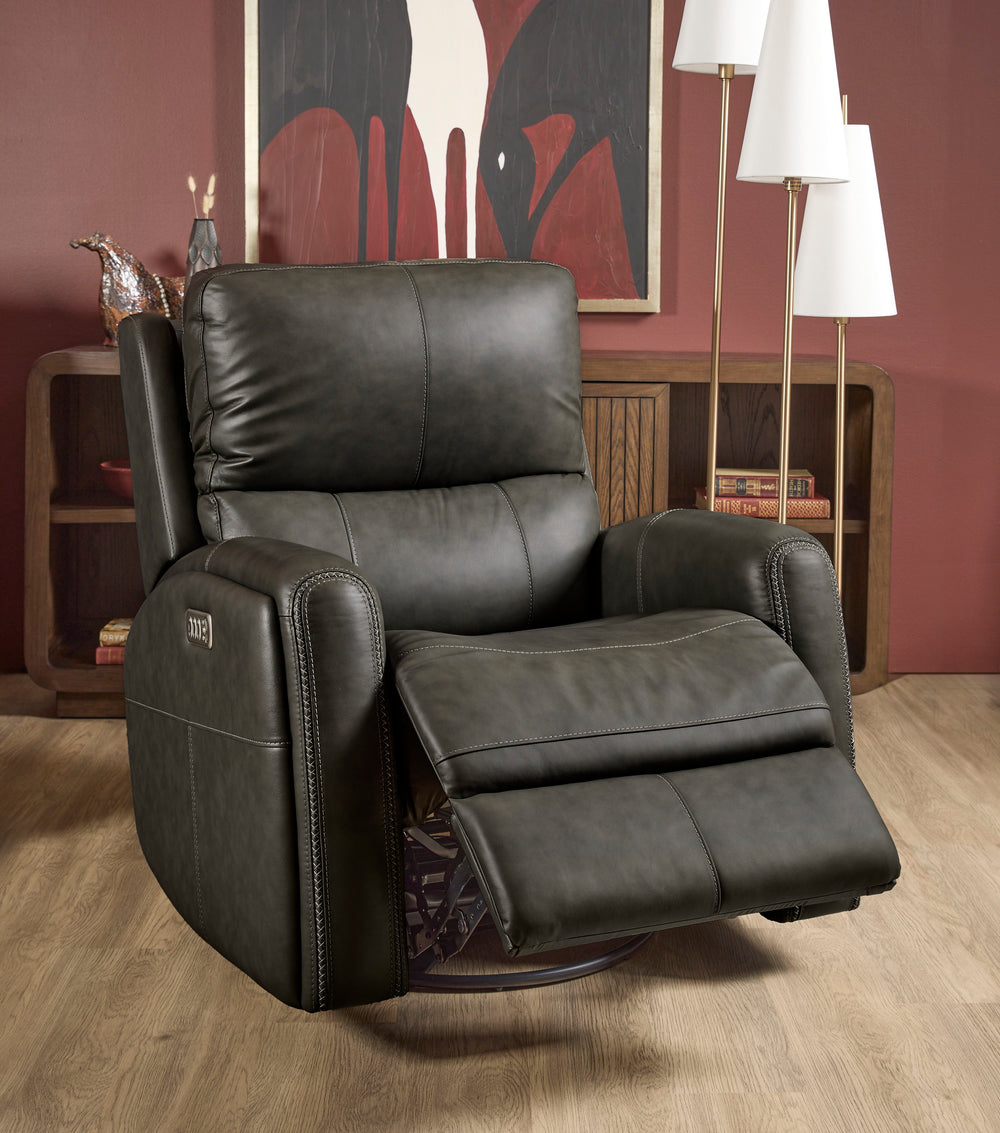 Linden Leather Power Swivel Gliding Recliner with Power Headrest, Lumbar, Heat & Massage in Charcoal