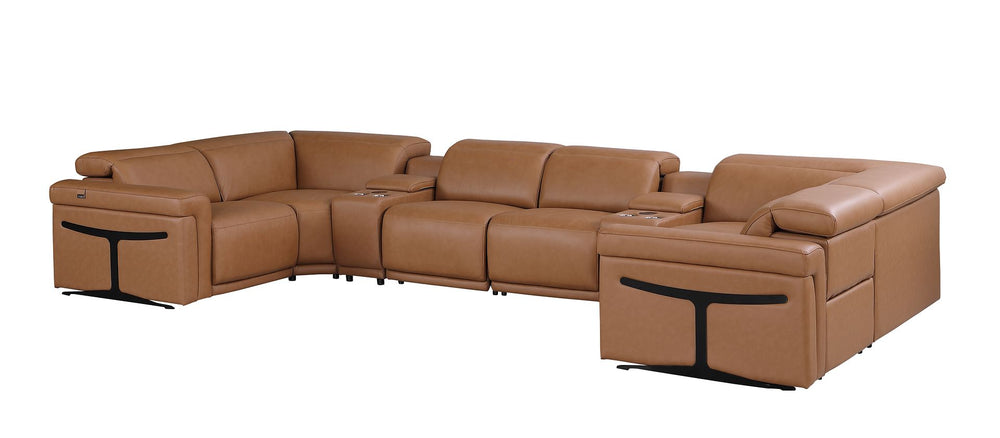 DivanItalia 1126 8-Piece U-Shaped Sectional Sofa in Top Grain Italian Leather with 4 Power Recliners & Power Headrests – with Console - Cognac