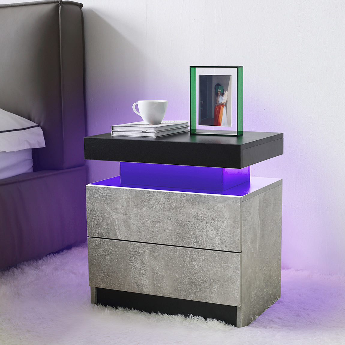 Modern LED Nightstand with Adjustable Lights and 2 Drawers in Black and Gray