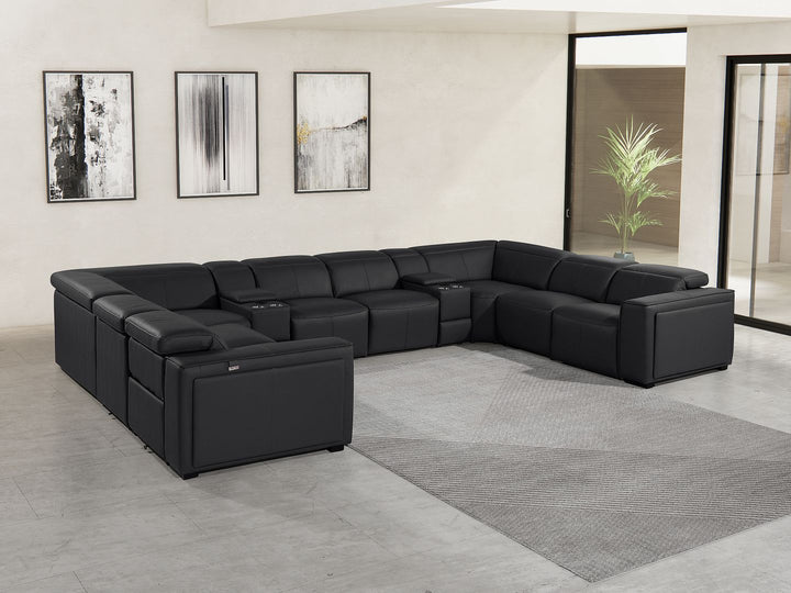 DivanItalia 1224 10-Piece U-Shaped Sectional Sofa in Top Grain Italian Leather with 4 Power Recliners &amp; Power Headrests - Black