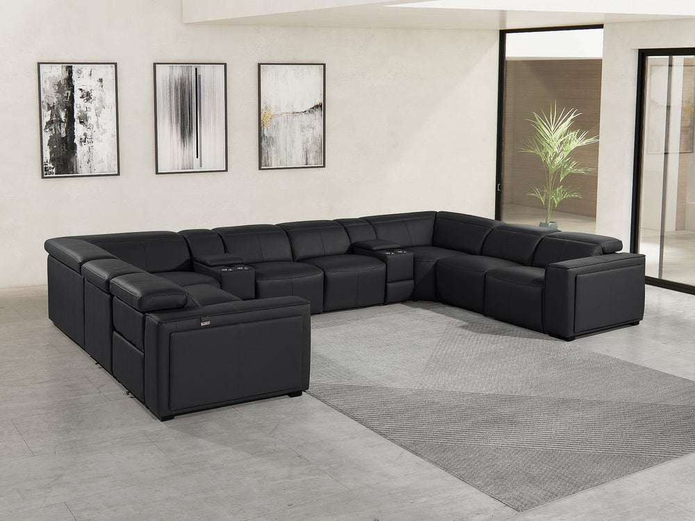 DivanItalia 1224 10-Piece U-Shaped Sectional Sofa in Top Grain Italian Leather with 4 Power Recliners & Power Headrests - Black
