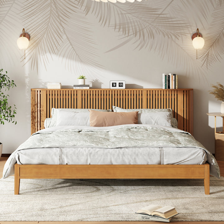 Pine Slat King Bed with Side Storage – Natural