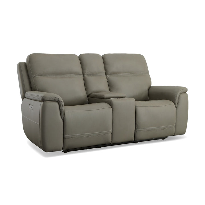 Sawyer Leather Pwr Recl Loveseat w/ Console, Pwr Hdrsts, Lumbar in Grey