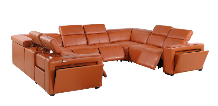 DivanItalia 1224 8-Piece U-Shaped Sectional Sofa in Top Grain Italian Leather with 4 Power Recliners &amp; Power Headrests – No Console - Camel