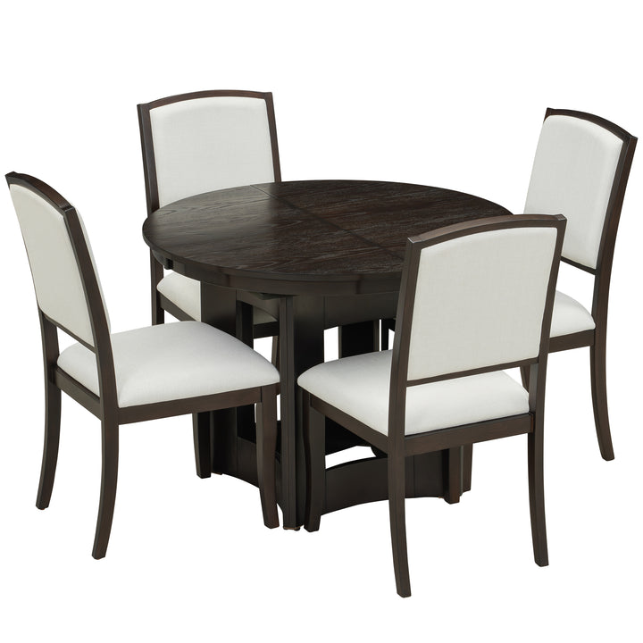 farmhouse-extendable-round-dining-table-set-for-5-with-upholstered-chairs-and-16inch-removable-leaf-espresso-beige