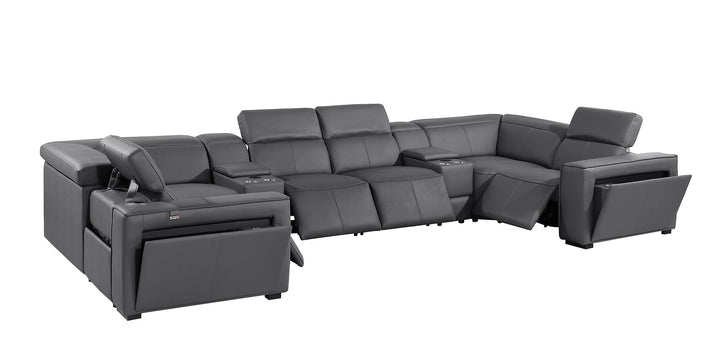 DivanItalia 1224 8-Piece U-Shaped Sectional Sofa in Top Grain Italian Leather with 4 Power Recliners &amp; Power Headrests – with Console - Dark Gray