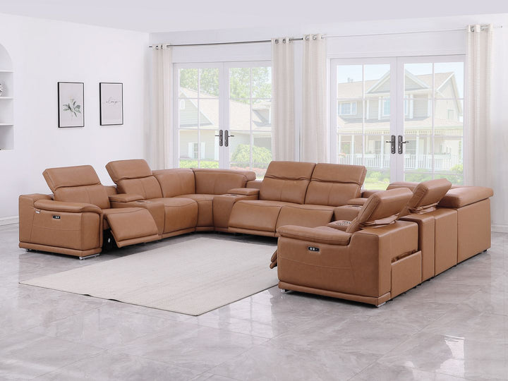 DivanItalia 9762 12-Piece U Shaped Top Grain Italian Leather Sectional Sofa with 4 Power Recliners - Cognac