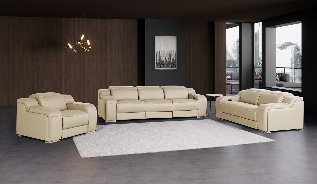 DivanItalia 1116 6-Piece Modular Power Reclining Sofa, Loveseat & Chair Set in Top Grain Italian Leather with 5 Power Recliners & Power Headrests - Beige