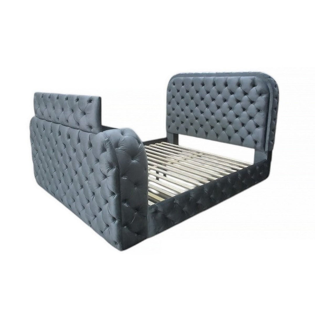 Kana - Queen Bed With LED, Fireplace & TV Stand - Gray Upholstery Velvet