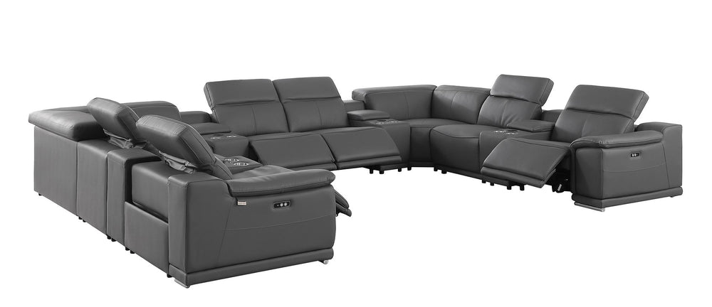 DivanItalia 9762 12-Piece U Shaped Top Grain Italian Leather Sectional Sofa with 4 Power Recliners - Dark Gray