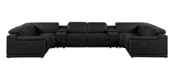 DivanItalia 9762 8-Piece U Shaped Top Grain Italian Leather Sectional Sofa with 4 Power Recliners – with Console - Black