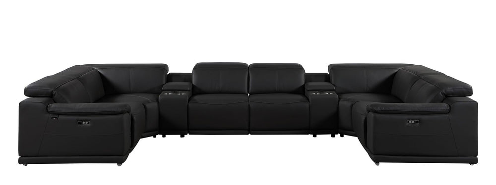 DivanItalia 9762 8-Piece U Shaped Top Grain Italian Leather Sectional Sofa with 4 Power Recliners – with Console - Black