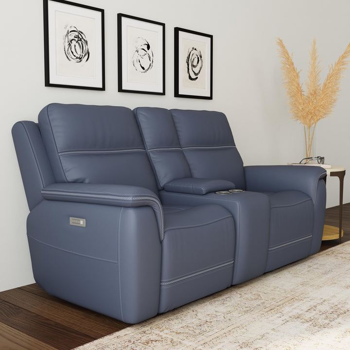 Sawyer Leather Pwr Recl Loveseat w/ Console, Pwr Hdrsts, Lumbar in Marine