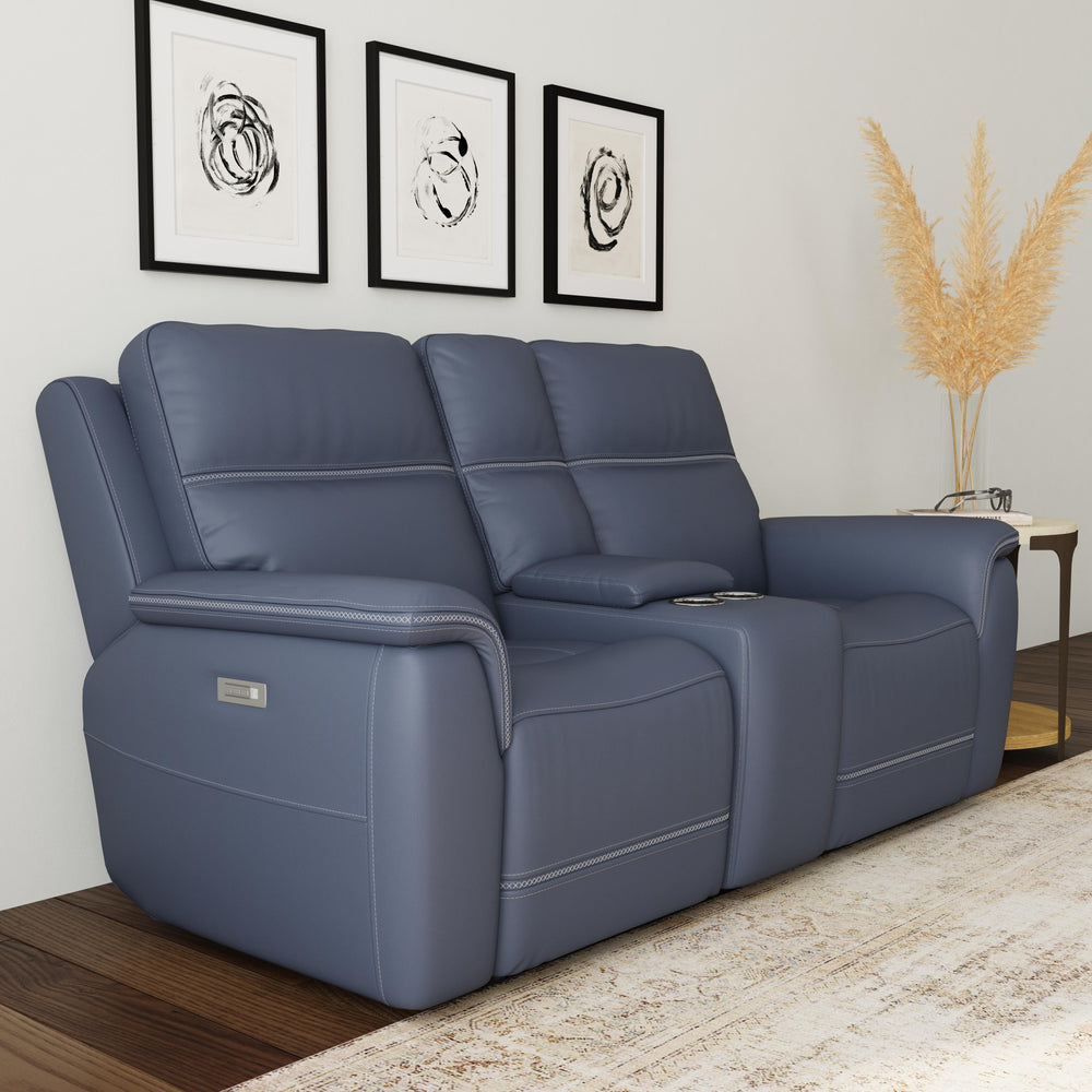 Sawyer Leather Pwr Recl Loveseat w/ Console, Pwr Hdrsts, Lumbar in Marine