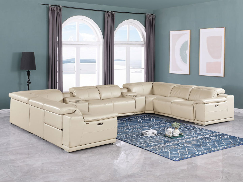 DivanItalia 9762 10-Piece U Shaped Top Grain Italian Leather Sectional Sofa with 4 Power Recliners - Beige