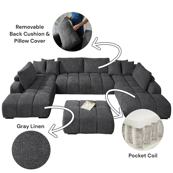 Chosen - Sectional Sofa With 6 Pillows - Gray Chenille