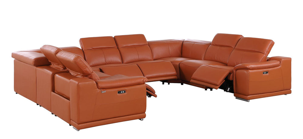 DivanItalia 9762 8-Piece U Shaped Top Grain Italian Leather Sectional Sofa with 4 Power Recliners – with Console - Camel