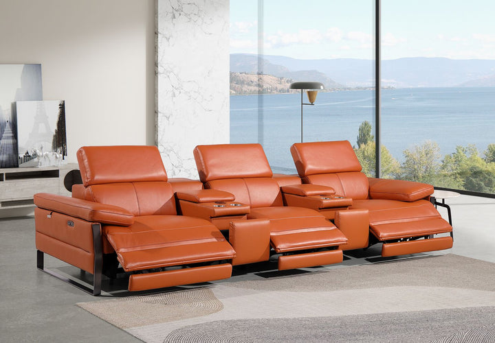 DivanItalia 1246 Modular Power Triple Reclining Dual Console Sofa with Power Reclining Headrests – Top Grain Italian Leather - Camel