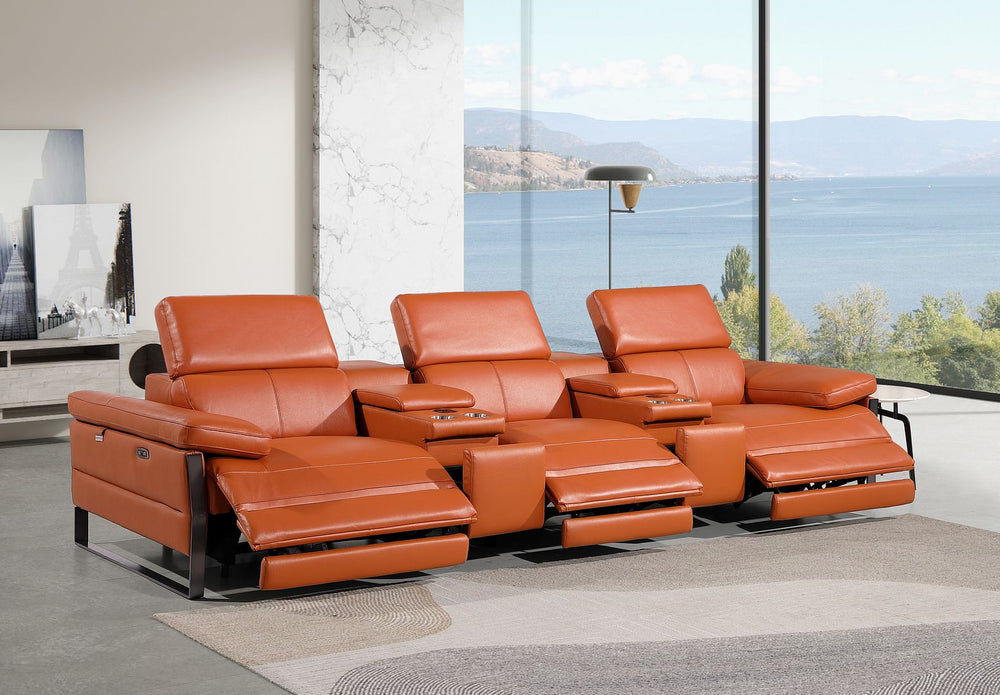 DivanItalia 1246 Modular Power Triple Reclining Dual Console Sofa with Power Reclining Headrests – Top Grain Italian Leather - Camel