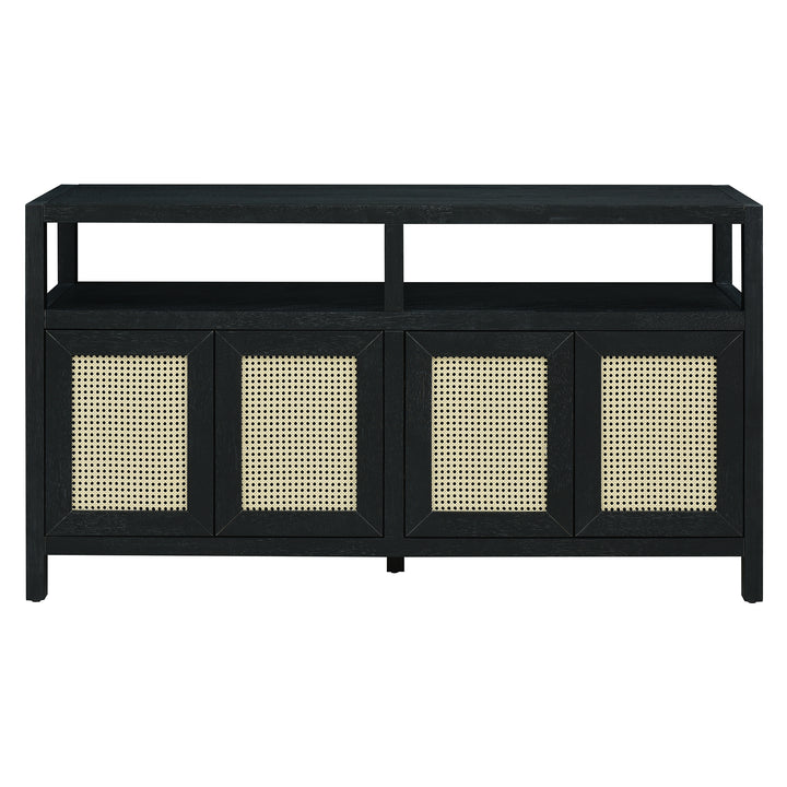 bohemian-style-rattan-sideboard-or-buffet-storage-cabinet-with-solid-wood-frame-black