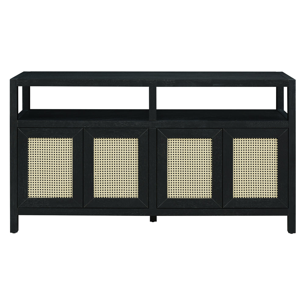 bohemian-style-rattan-sideboard-or-buffet-storage-cabinet-with-solid-wood-frame-black