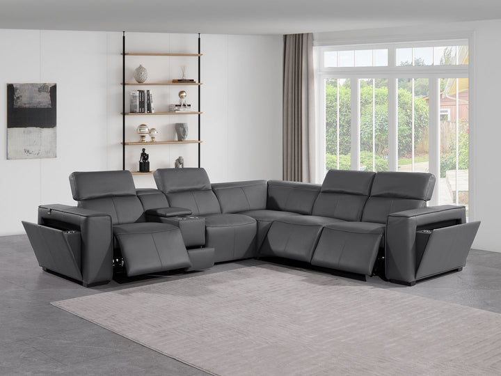 DivanItalia 1224 6-Piece L-Shaped Sectional Sofa in Top Grain Italian Leather with 3 Power Recliners &amp; Power Headrests - Dark Gray