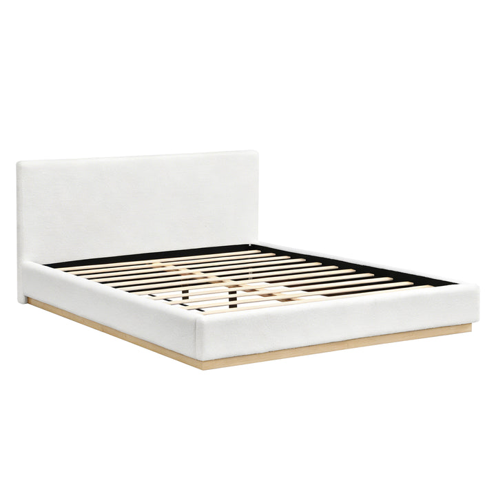 Chenille Queen Bed with Wood Base – White