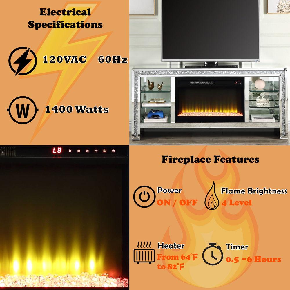 Noralie - 28" TV Stand With Fireplace & LED - Mirrored & Faux Diamonds