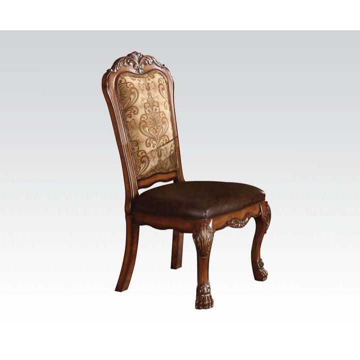 Dresden Side Chair (Set-2) in Vintage Synthetic Leather Seat &amp; Floral Fabric Back &amp; Cherry Oak Finish