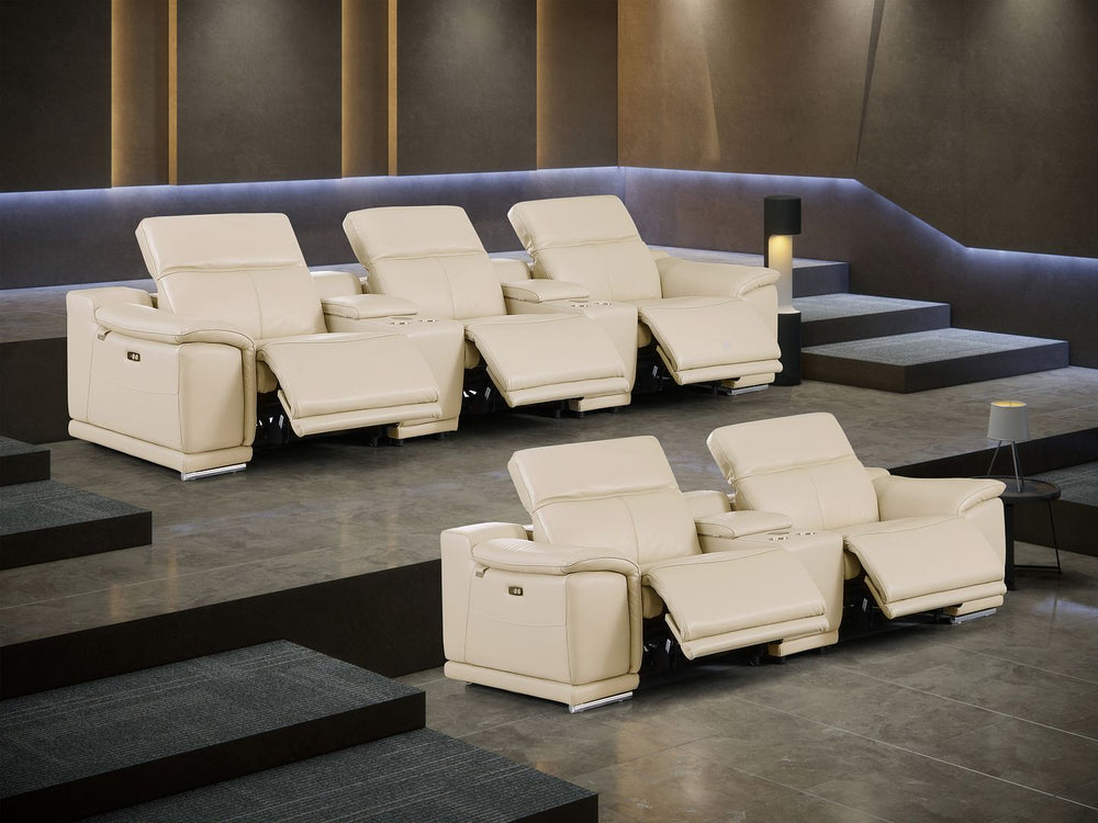 DivanItalia 9762 8-Piece Modular Power Reclining Sofa and Console Loveseat Set with Top Grain Italian Leather - Beige