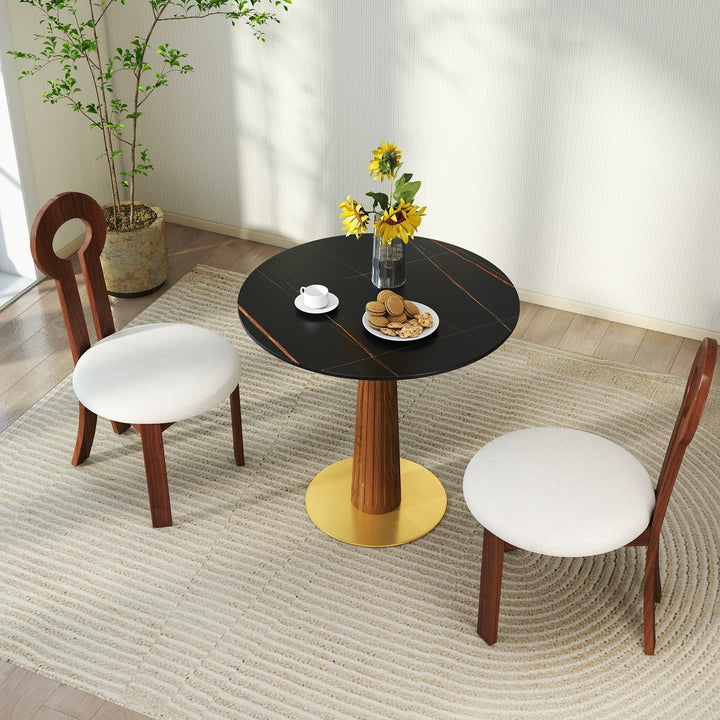 Modern Round Sintered Stone Dining Table with Wooden Leg & Gold Base, Black-Brown