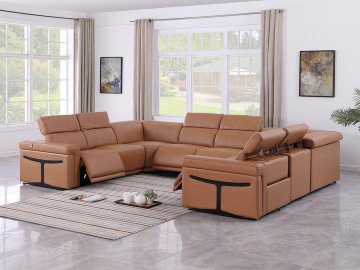 DivanItalia 1126 8-Piece U-Shaped Sectional Sofa in Top Grain Italian Leather with 4 Power Recliners &amp; Power Headrests – No Console - Cognac