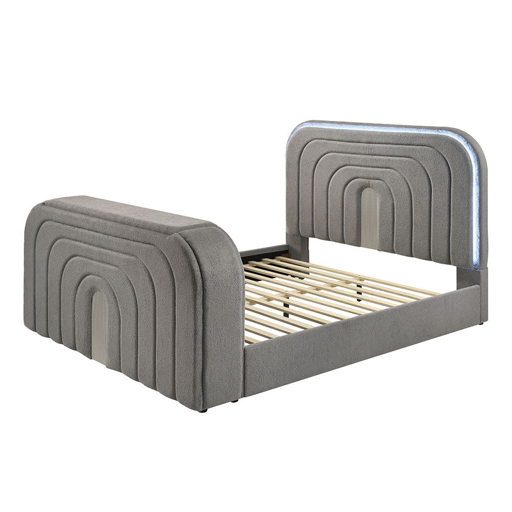 Shelyn - Queen Bed With Led, TV Stand, Fireplace & Bluetooth - Gray Teddy Sherpa & Chrome