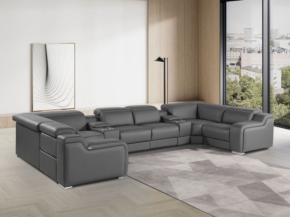 DivanItalia 1116 8-Piece U-Shaped Sectional Sofa in Top Grain Italian Leather with 2 Power Recliners & Power Headrests – with Console - Dark Gray