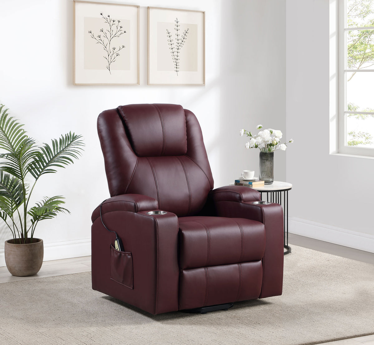 Armstrong - Upholstered Power Lift Massage Recliner - Wine Red