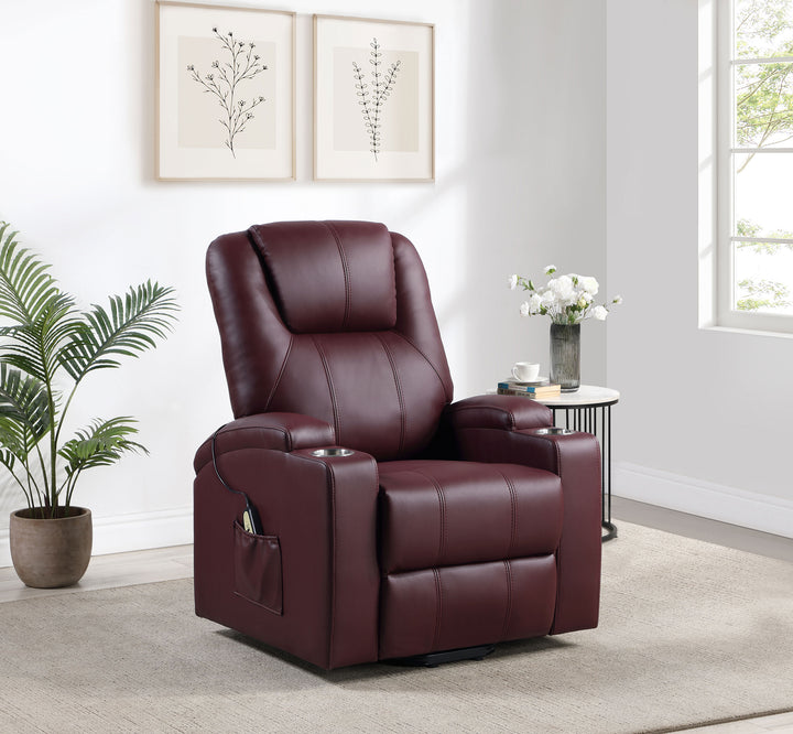 Armstrong - Upholstered Power Lift Massage Recliner - Wine Red