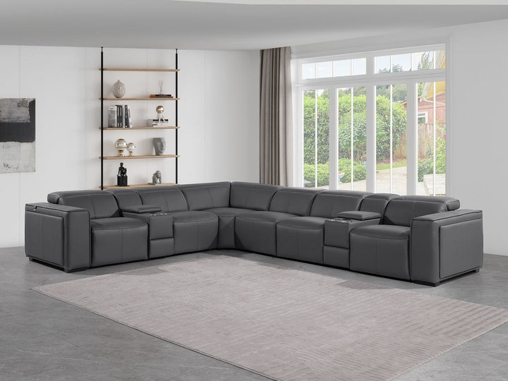 DivanItalia 1224 8-Piece U-Shaped Sectional Sofa in Top Grain Italian Leather with 4 Power Recliners &amp; Power Headrests – No Console - Dark Gray