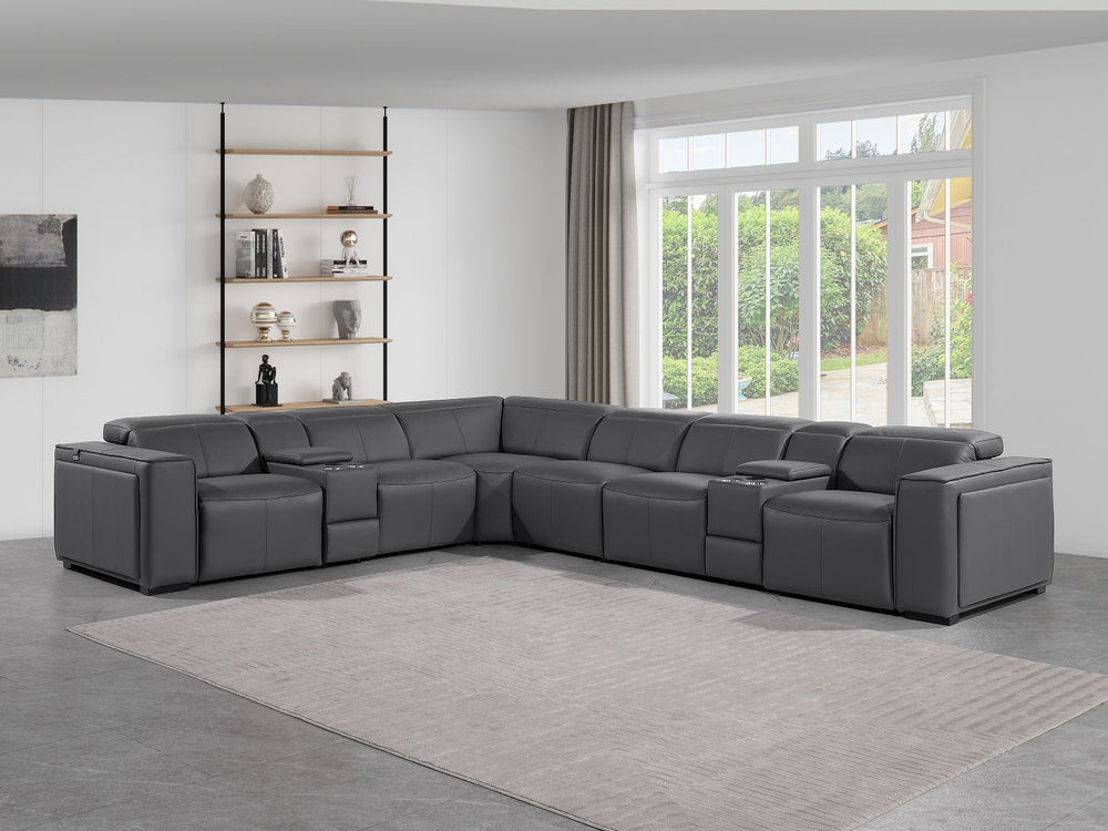 DivanItalia 1224 8-Piece U-Shaped Sectional Sofa in Top Grain Italian Leather with 4 Power Recliners & Power Headrests – No Console - Dark Gray
