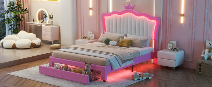 full-size-upholstered-princess-bed-frame-with-led-lights-crown-headboard-and-2-drawers-pink-white