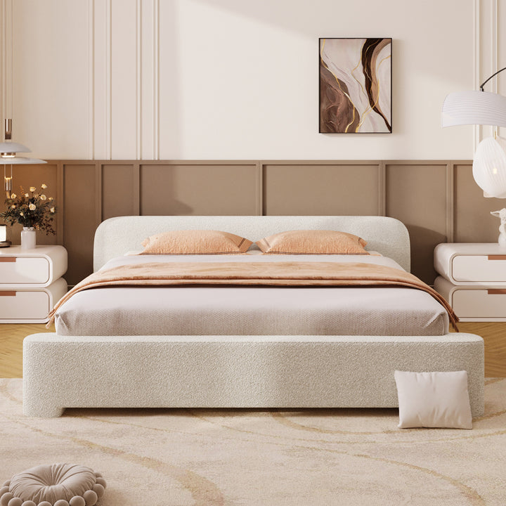 Cozy White Boucle Upholstered Bed - Queen Size