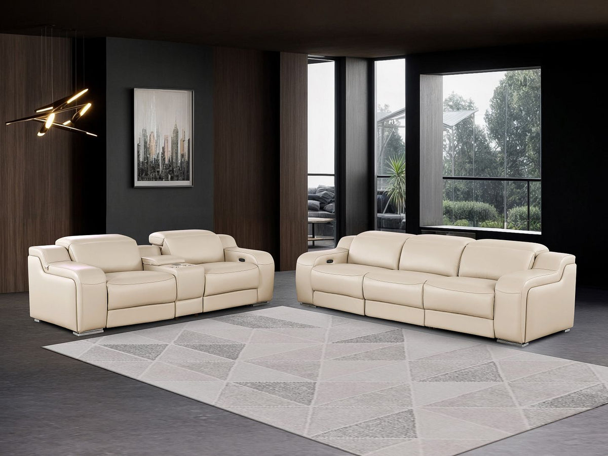 DivanItalia 1116 6-Piece Modular Power Reclining Sofa and Console Loveseat Set in Top Grain Italian Leather with 5 Power Recliners & Power Headrests - Beige
