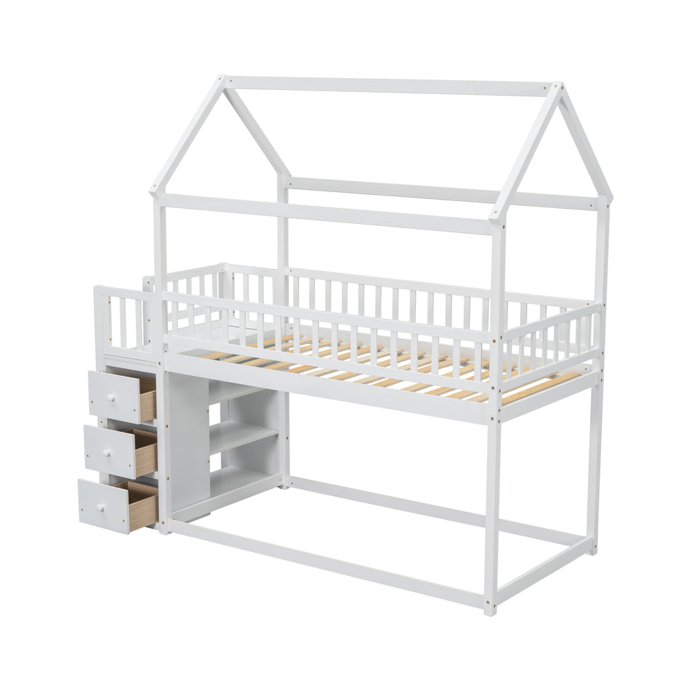 twin-twin-house-bunk-bed-with-shelves-and-drawers-white-color