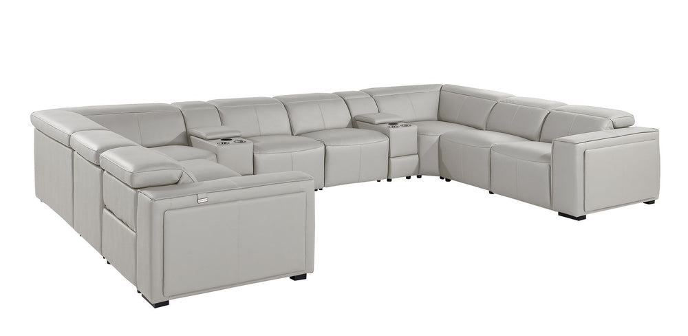 DivanItalia 1224 10-Piece U-Shaped Sectional Sofa in Top Grain Italian Leather with 4 Power Recliners & Power Headrests - Light Gray