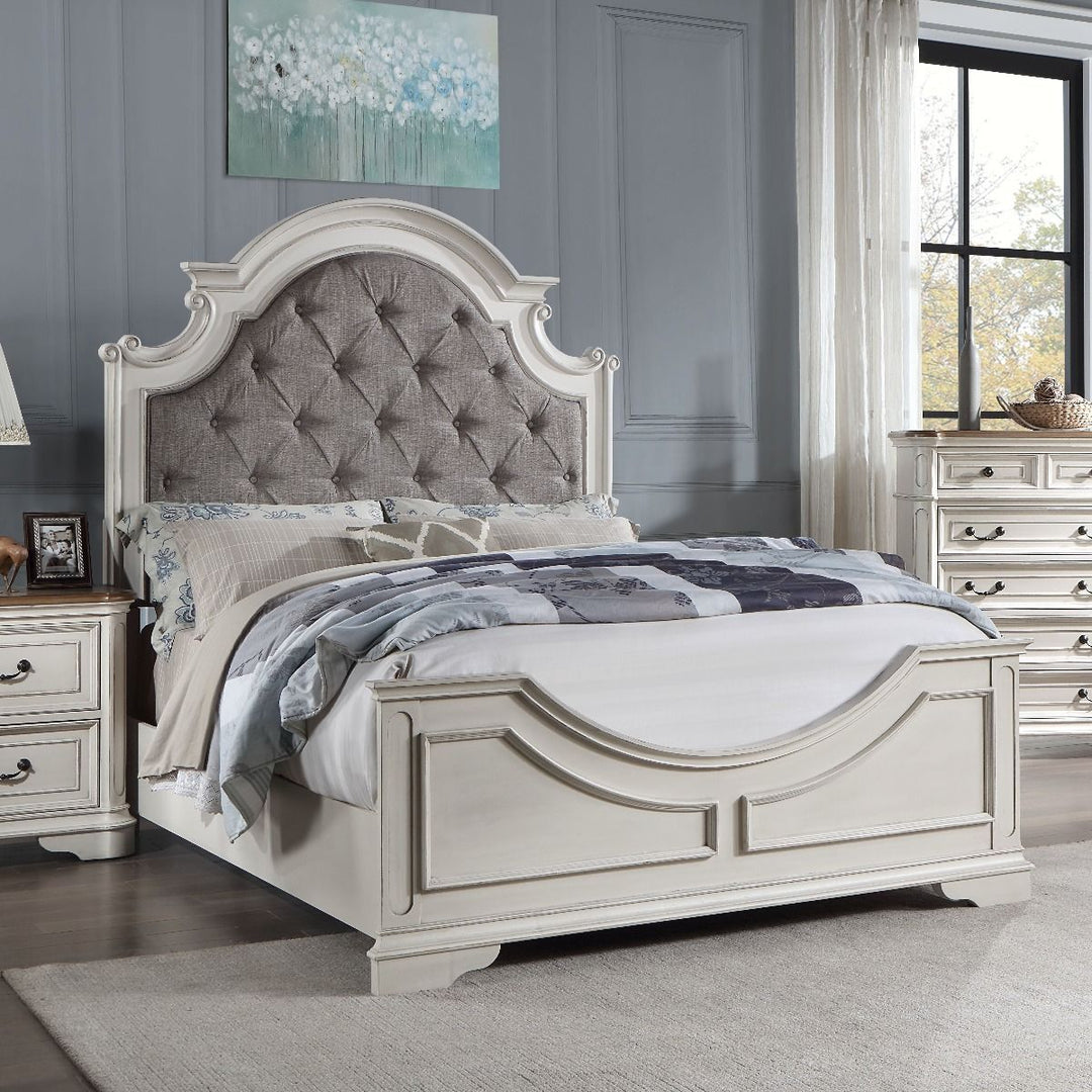 Florian - Eastern King Bed - Gray Fabric & Antique White