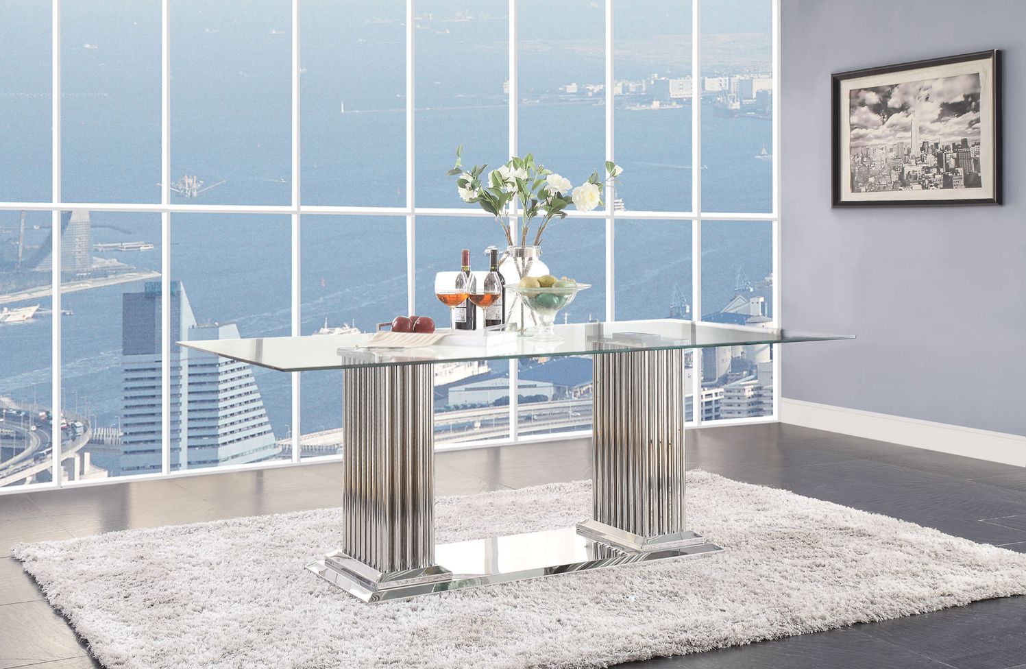 Cyrene Dining Table in Stainless Steel & Clear Glass
