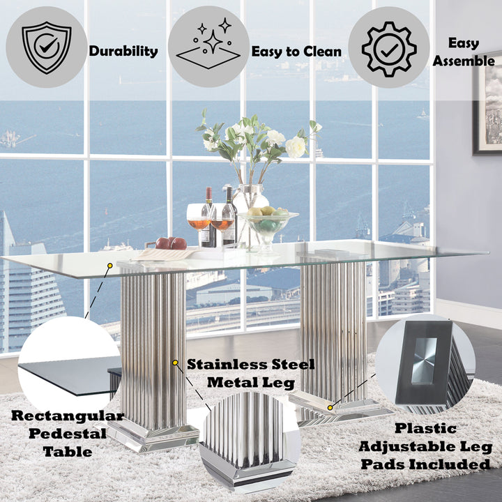 Cyrene Dining Table in Stainless Steel &amp; Clear Glass - features